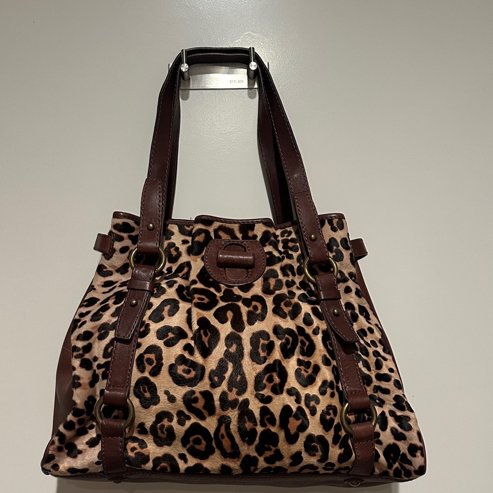 J Crew Collection leather and calfhair Leopard Print Tote Bag with Brown Trim